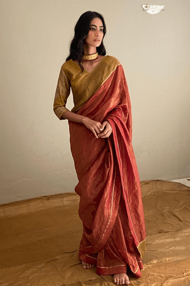 Sari In Deep Rust Red Handloom Tissue