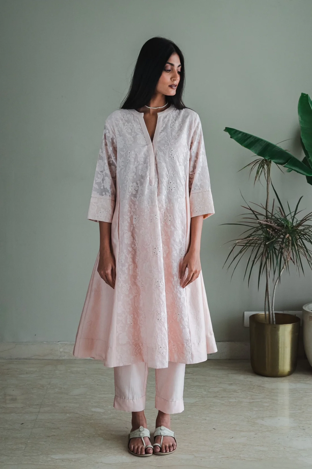 aya Kurta In Pink Jacquard And Chanderi With Pants