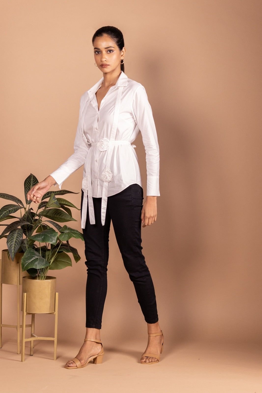 White Flower Belted Shirt