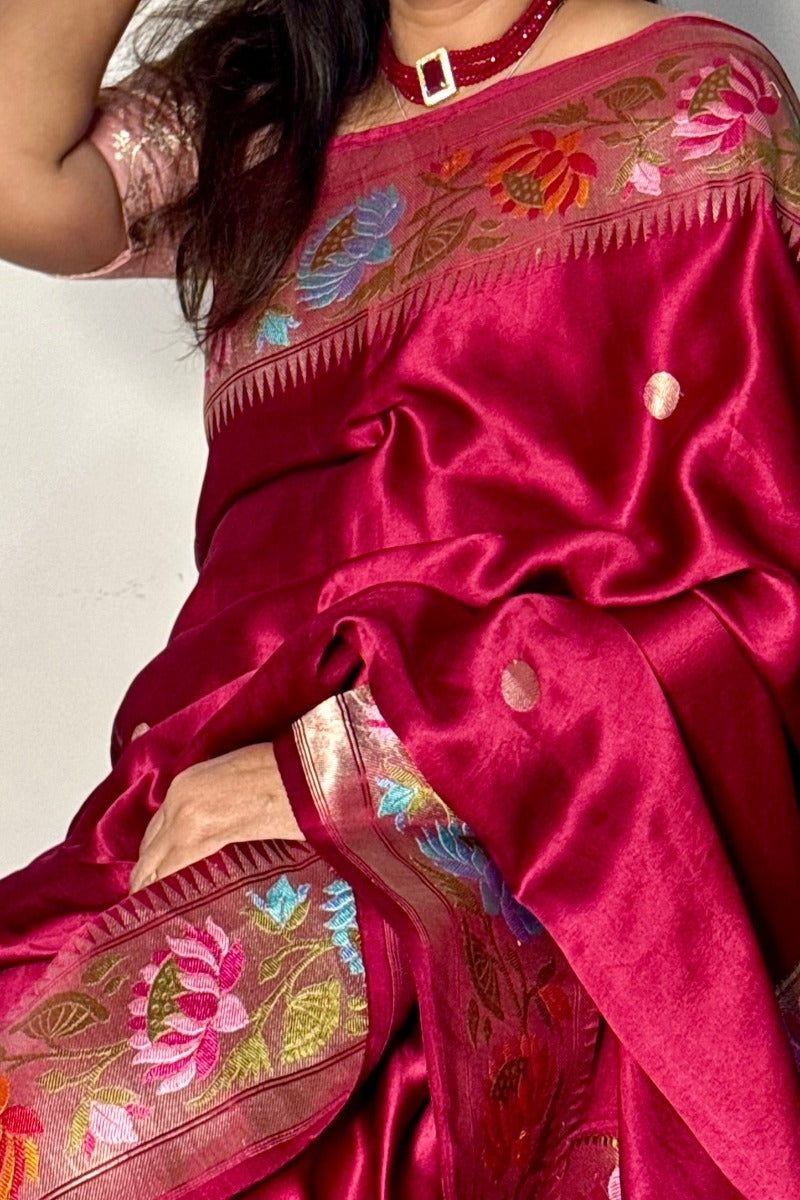 Maroon Pure Mashru Silk Handwoven Banarasi Saree