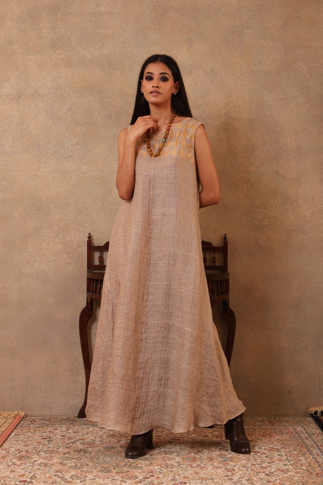 Beige-Grey Handloom Pure Linen (With Metallic Weave) Straight Sleeveless Long Dress