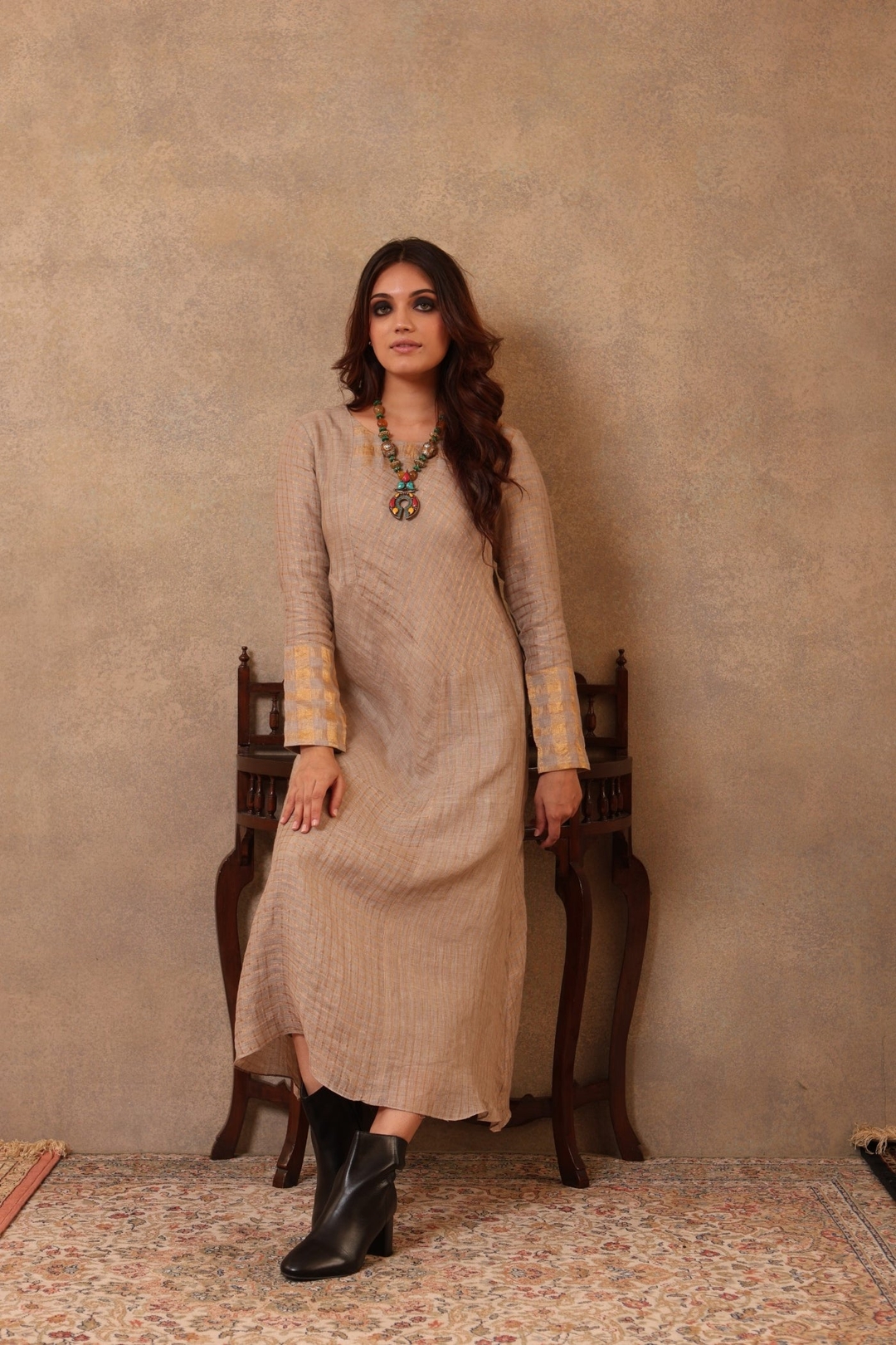 Beige-Grey Handloom Pure Linen (With Metallic Weave) Straight Sleeveless Long Dress