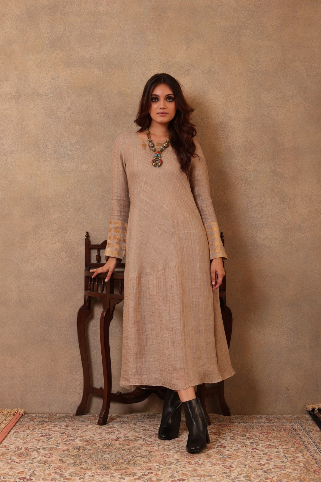 Beige-Grey Handloom Pure Linen (With Metallic Weave) Straight Sleeveless Long Dress