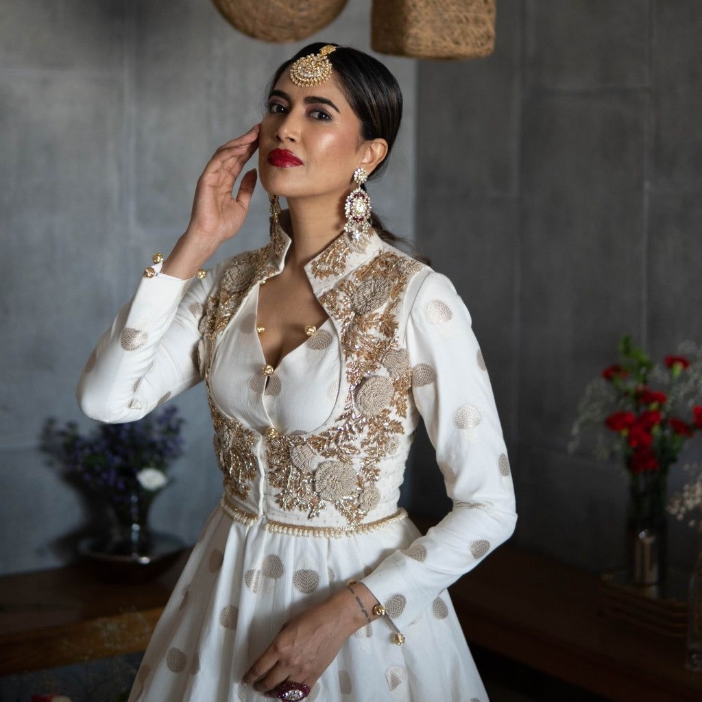 Off White Chanderi Anarkali with Koti & Ruffled Dupatta