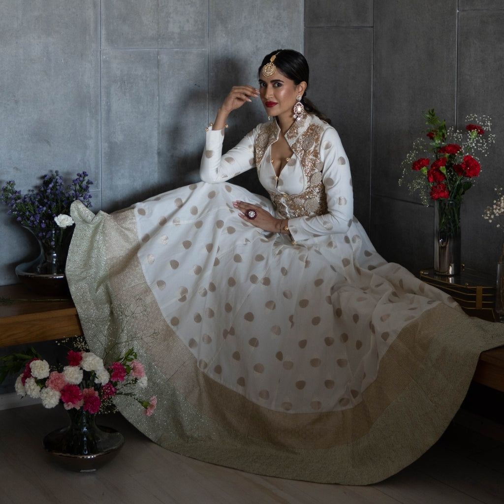 Off White Chanderi Anarkali with Koti & Ruffled Dupatta