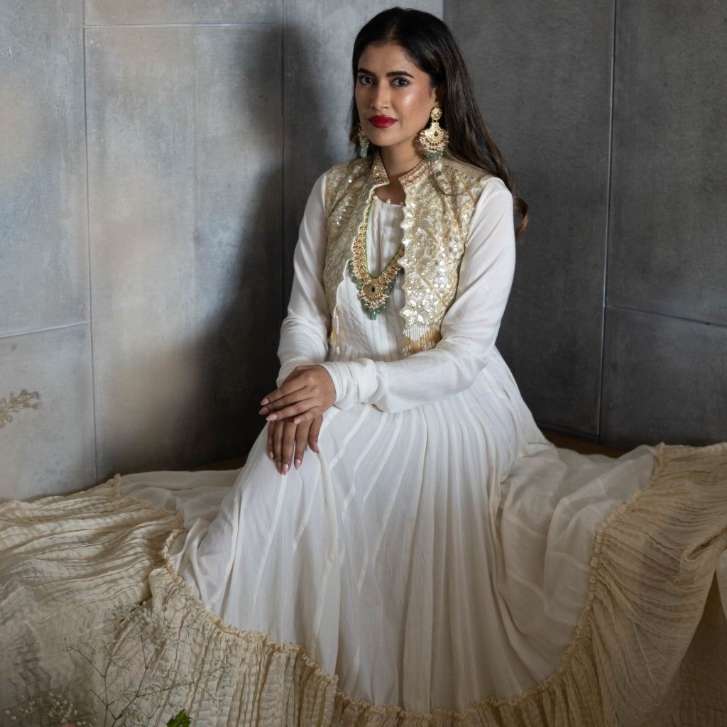 Cream Anarkali Suit with Gold Silk Koti