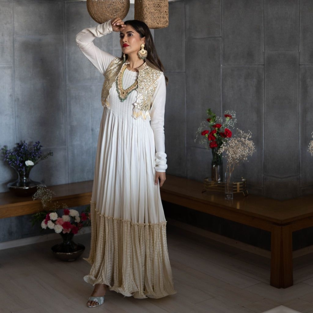 Cream Anarkali Suit with Gold Silk Koti