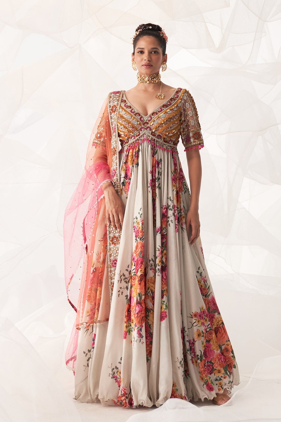 IVORY MULTI FLORAL PRINTED ANARKALI SET