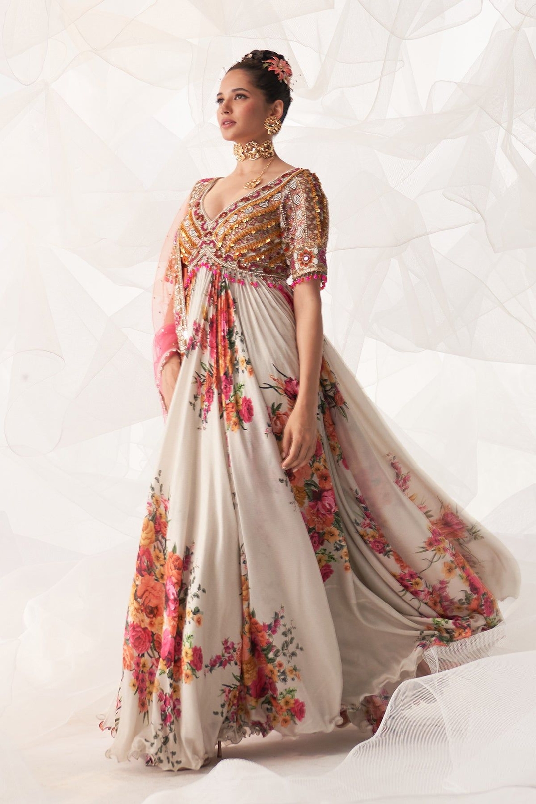 IVORY MULTI FLORAL PRINTED ANARKALI SET