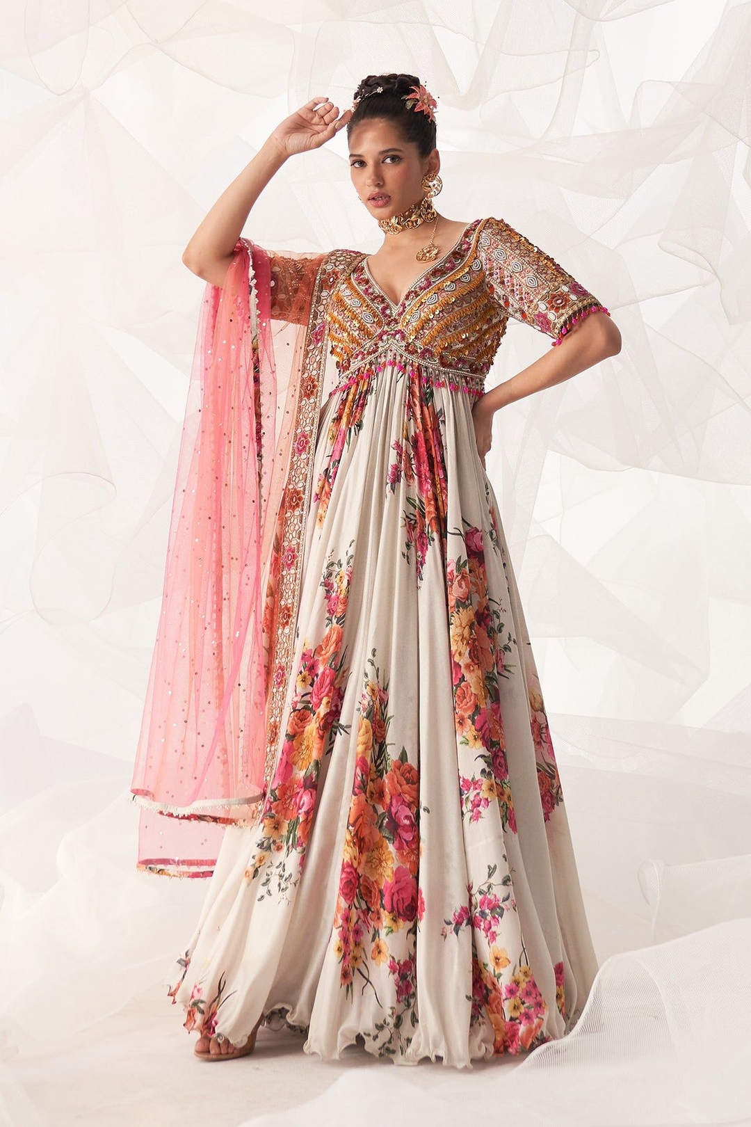 IVORY MULTI FLORAL PRINTED ANARKALI SET