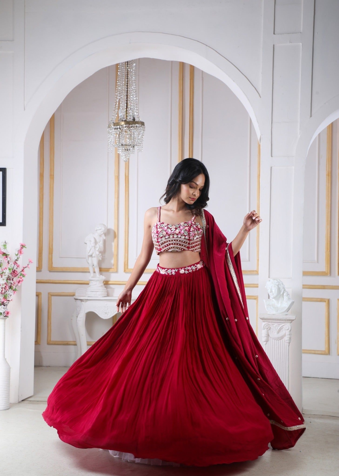 Magenta-Jam Lehenga Choli In Crape Sequins, Pot & Cutdana Work