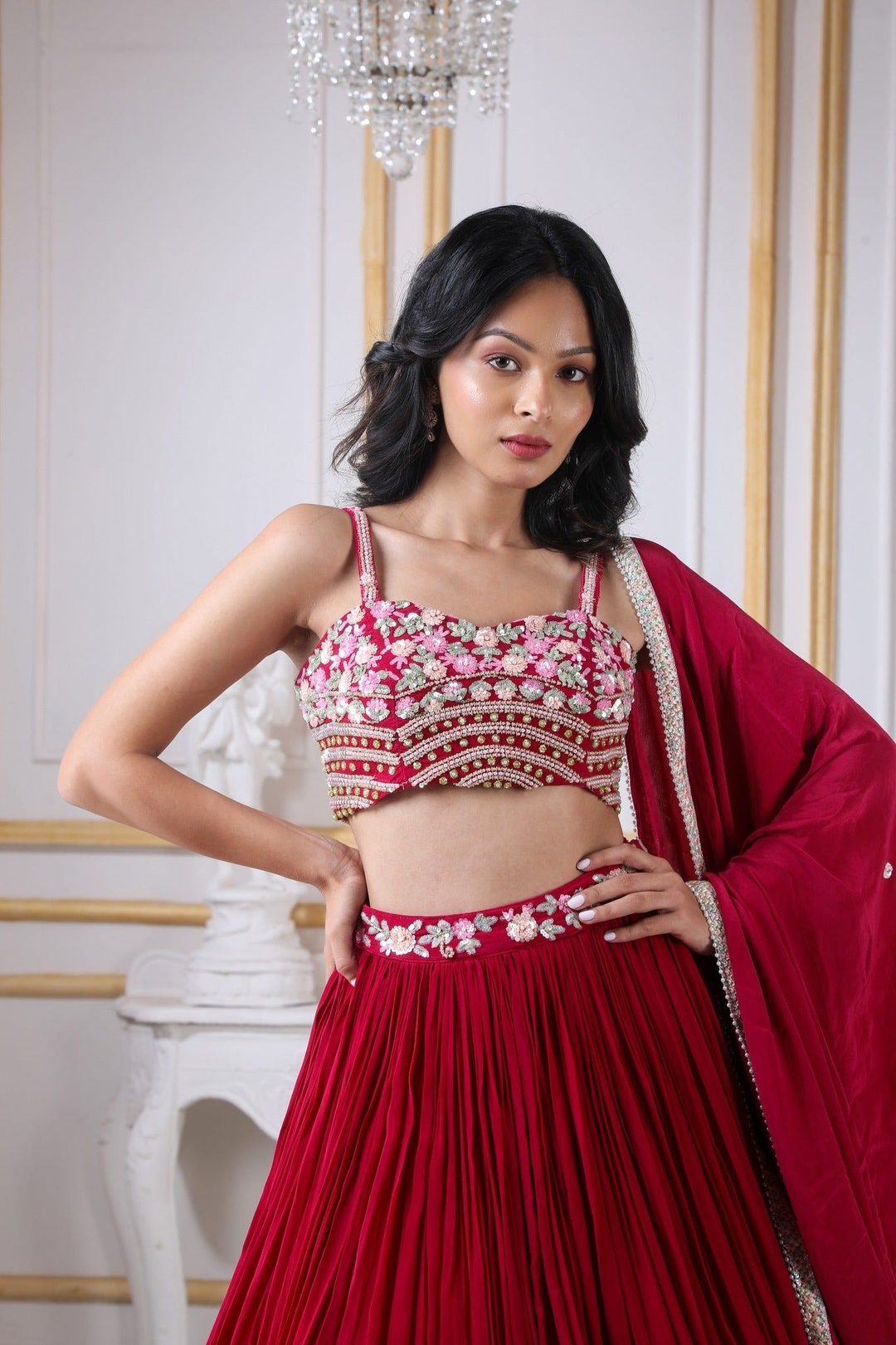 Magenta-Jam Lehenga Choli In Crape Sequins, Pot & Cutdana Work