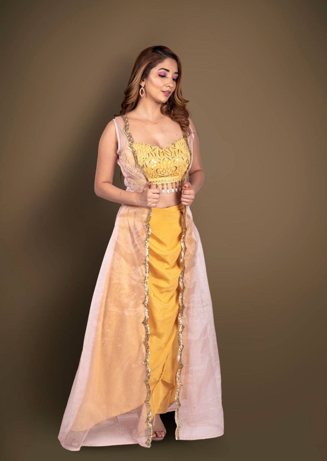 Yellow Crop Top Dhoti Suit With Handwork And Sleeveless Blush Pink Jacket