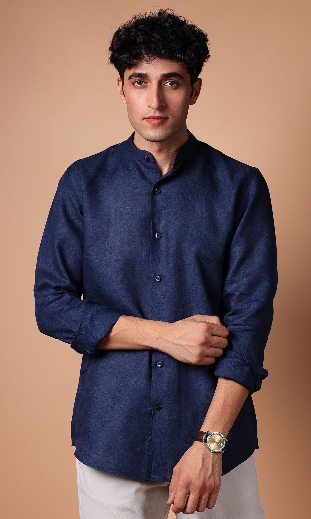 Navy Blue Pure Linen Shirt for Men