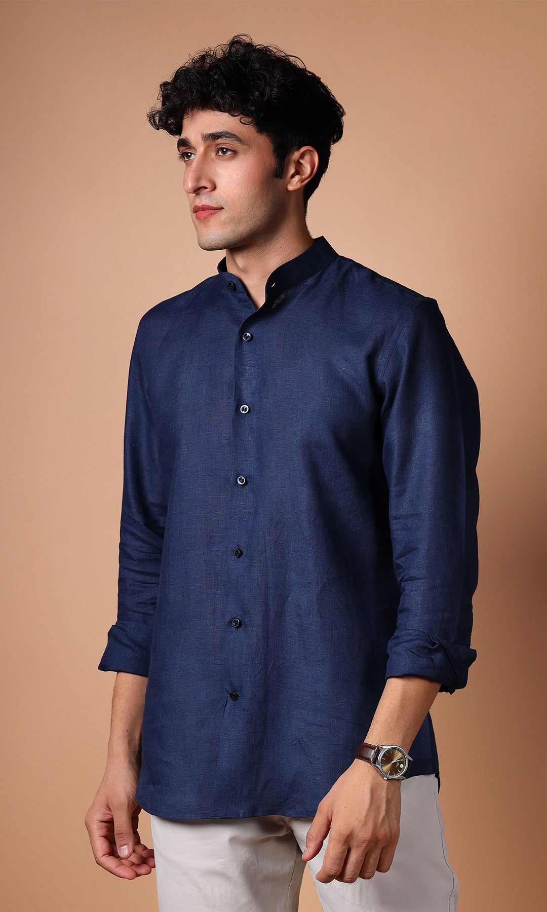 Navy Blue Pure Linen Shirt for Men