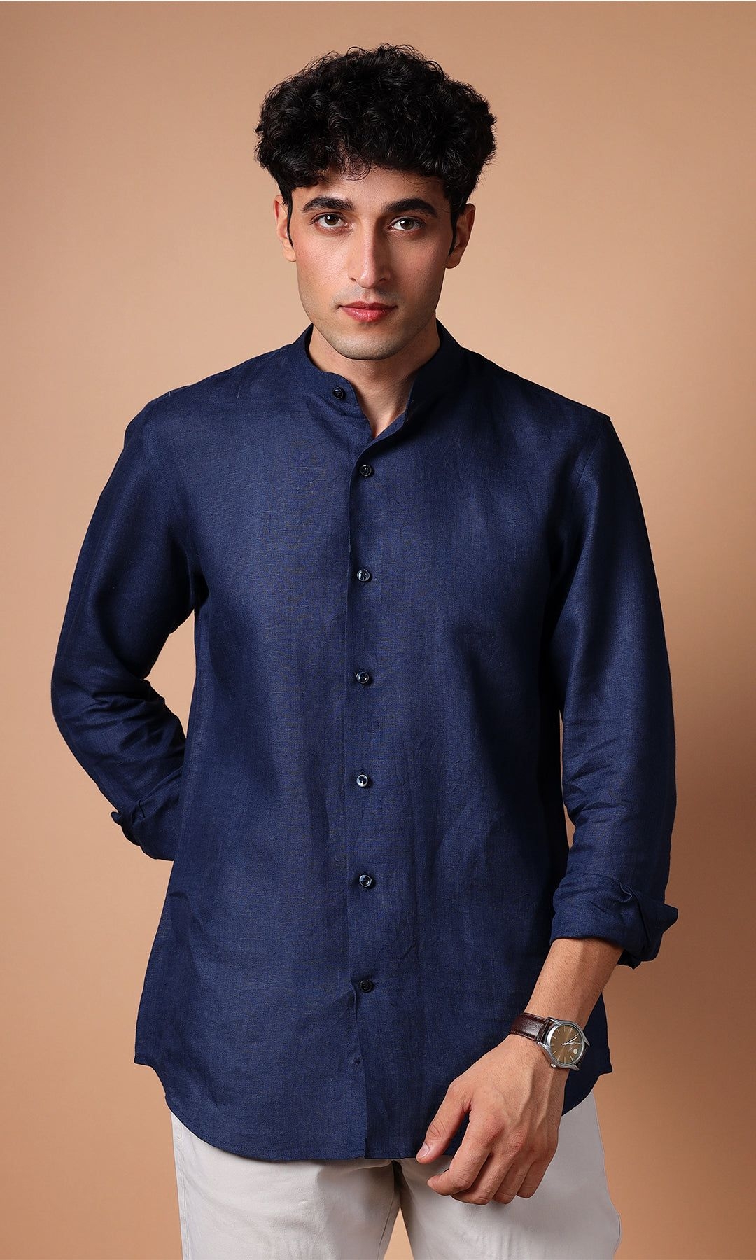 Navy Blue Pure Linen Shirt for Men