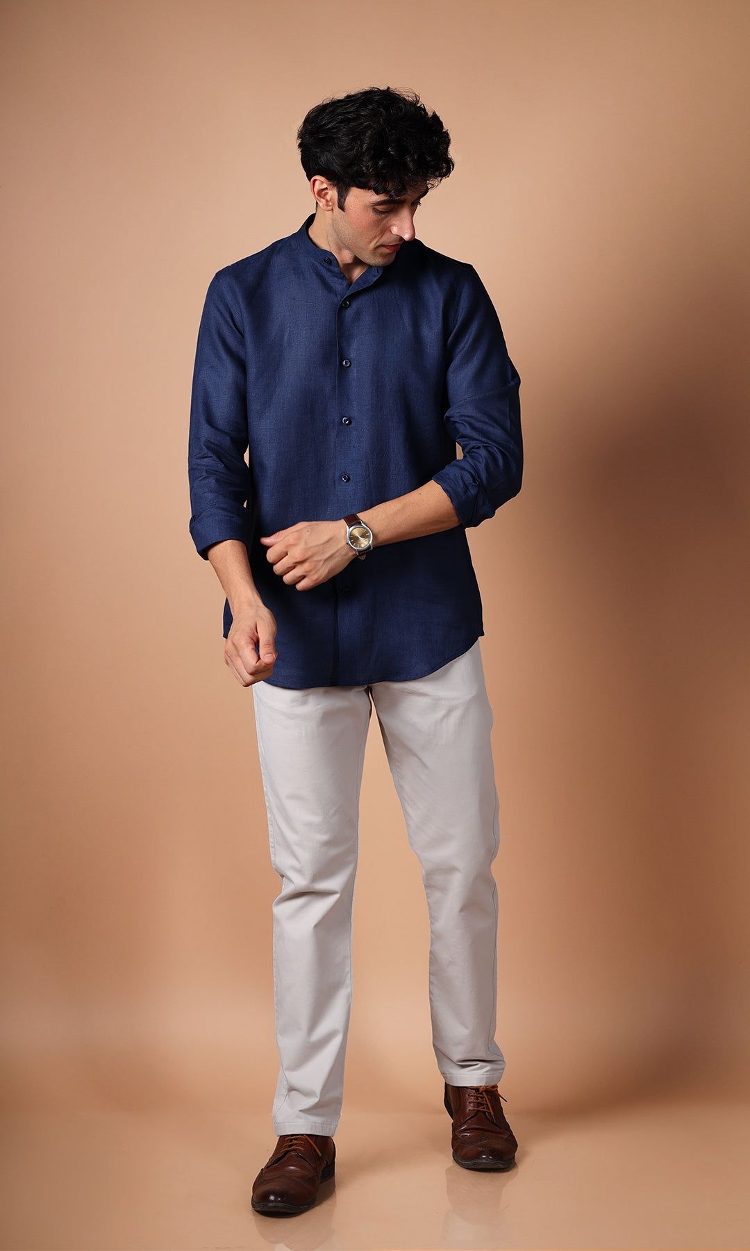 Navy Blue Pure Linen Shirt for Men