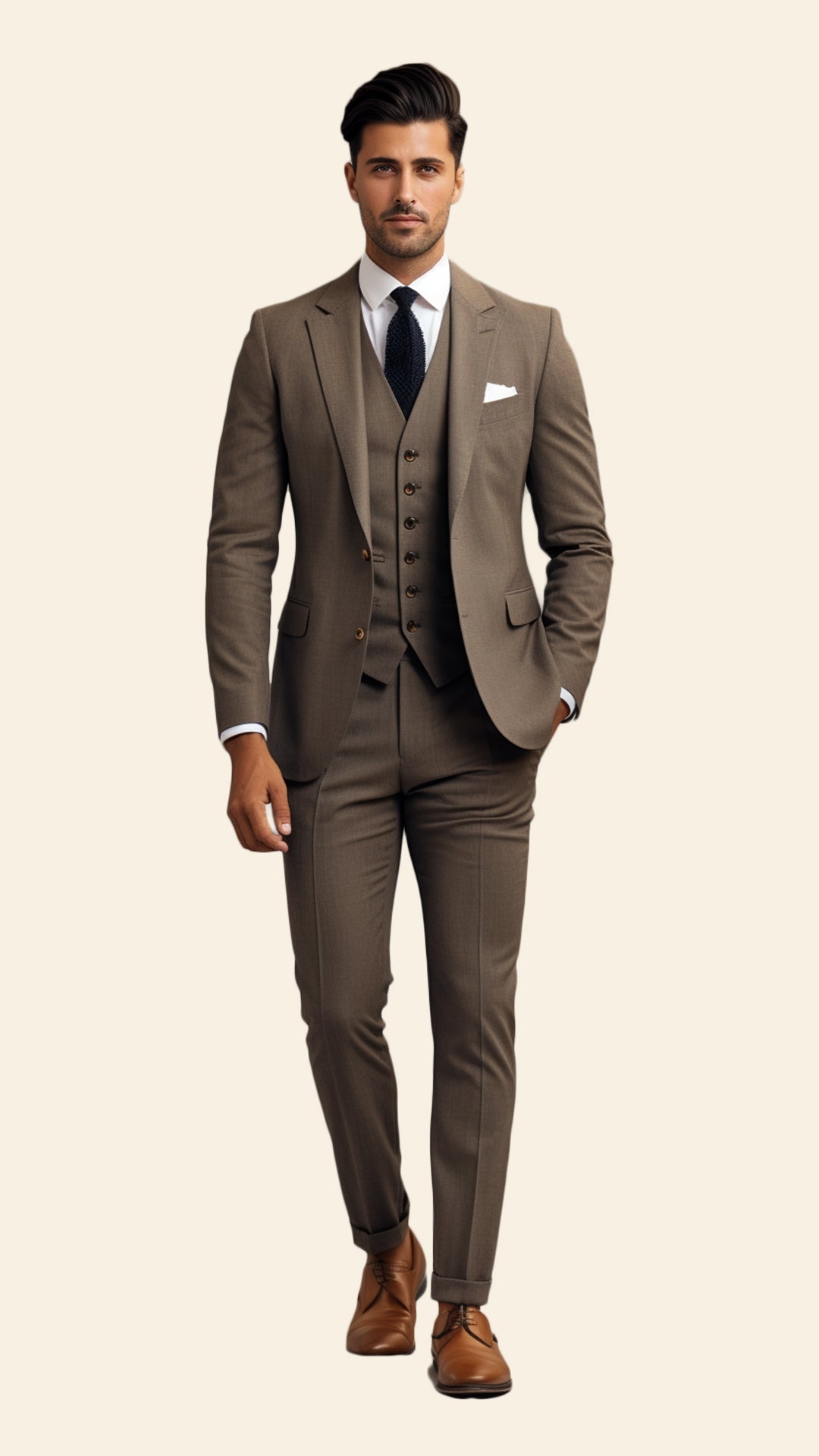 Custom Men's Three-Piece Brown Suit in Light Dijon Shade