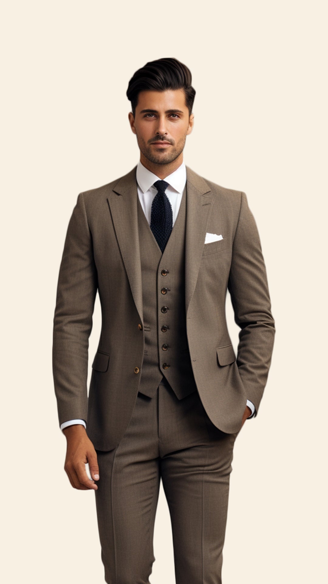 Custom Men's Three-Piece Brown Suit in Light Dijon Shade