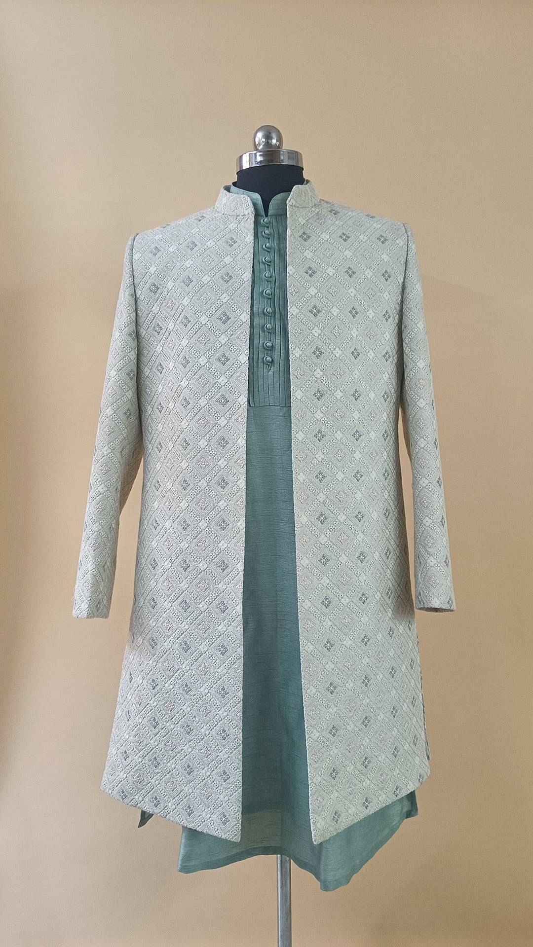 Hand-Embroidered Green Silk Hexagonal Bloom Sherwani Set