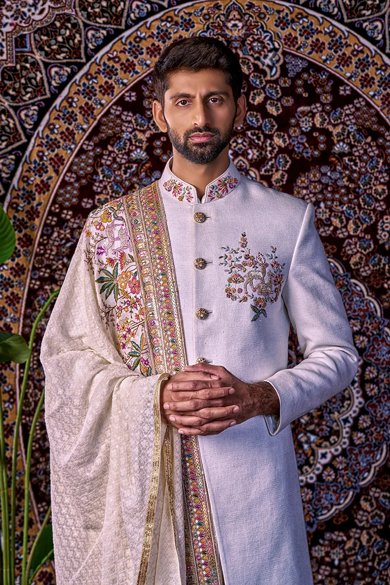 MATKA SILK A LINE IVORY SHERWANI SET