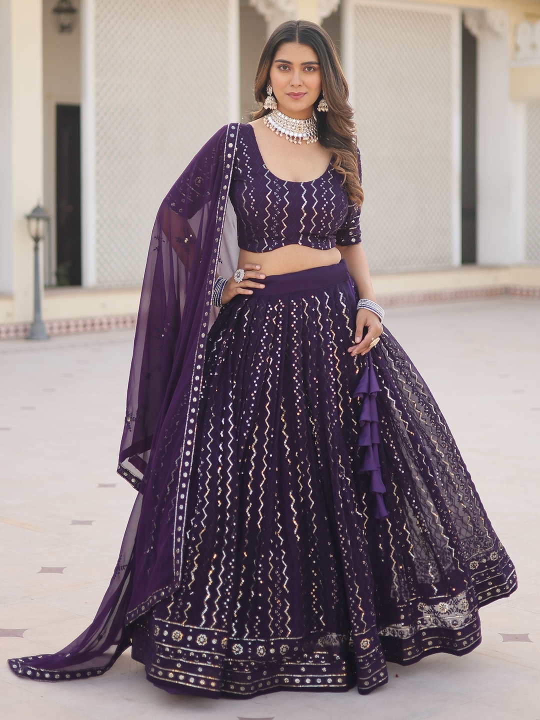 Precious Purple Sequins Georgette Reception Wear Lehenga Choli