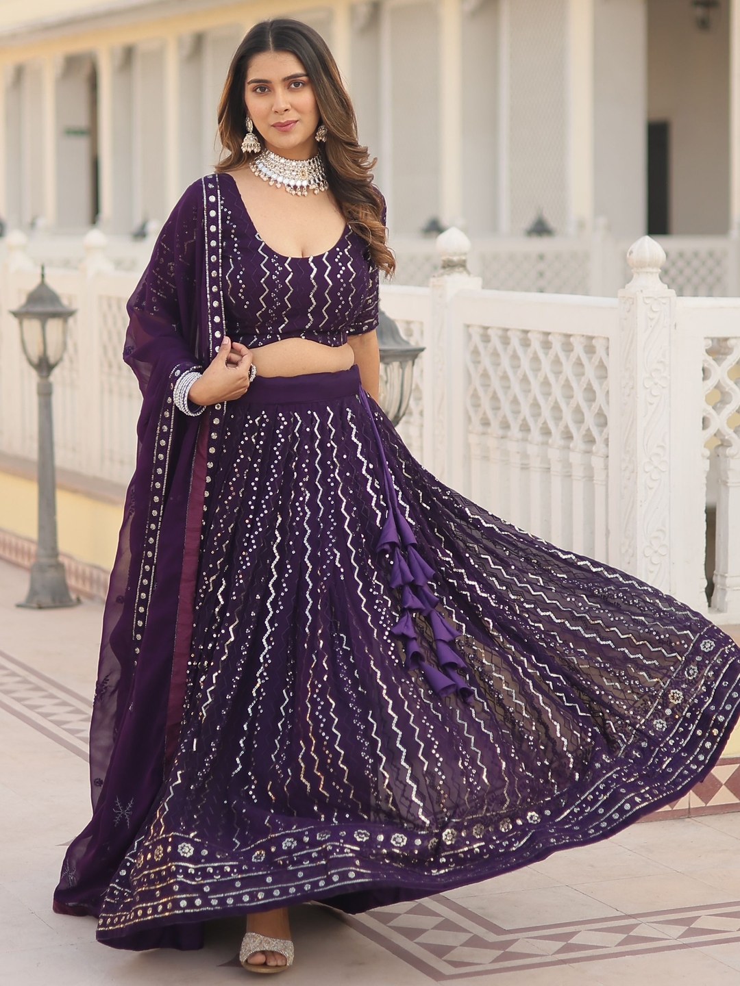 Precious Purple Sequins Georgette Reception Wear Lehenga Choli