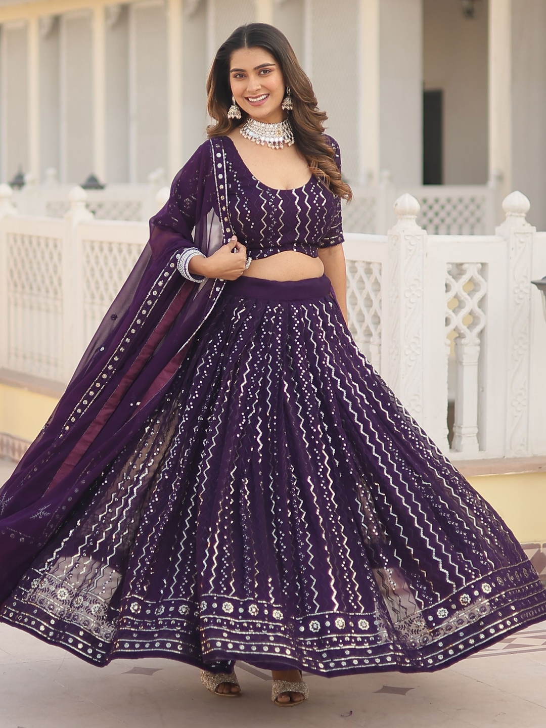 Precious Purple Sequins Georgette Reception Wear Lehenga Choli