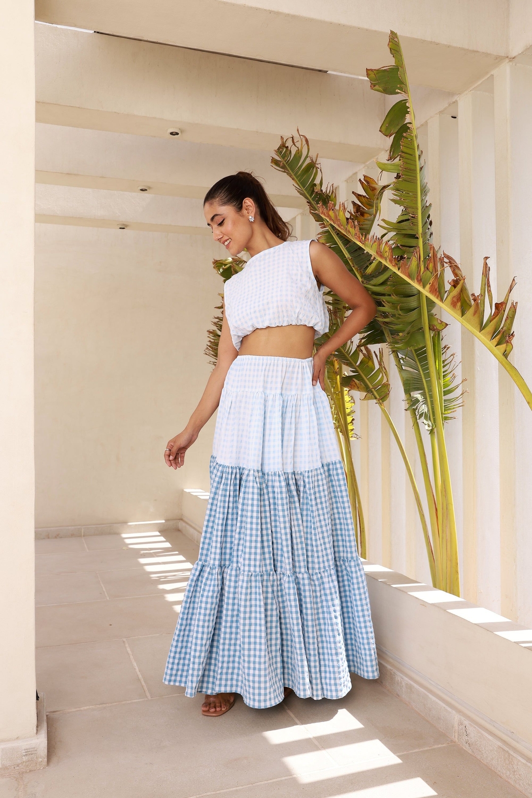 Shaded Blue Maxi Skirt with Crop Top Set