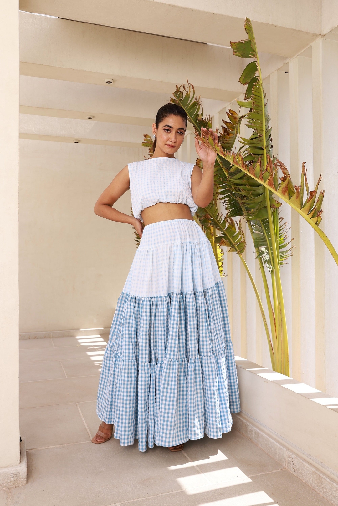 Shaded Blue Maxi Skirt with Crop Top Set