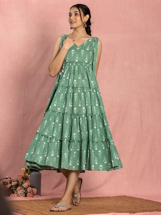 GREEN COTTON FLORAL PRINTED TIERED DRESS