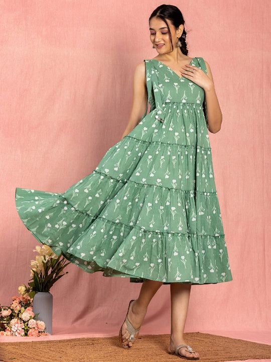 GREEN COTTON FLORAL PRINTED TIERED DRESS