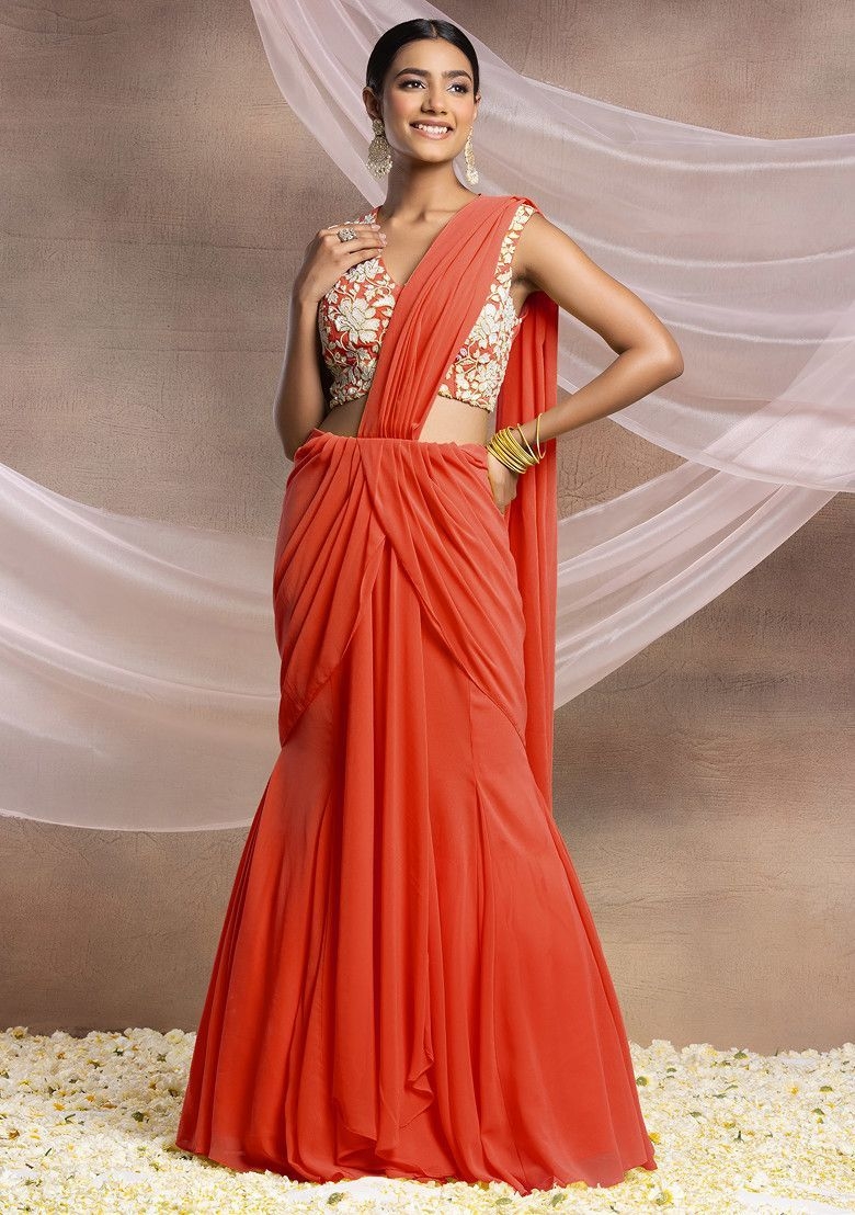 Red Pre-Stitched Saree Set With Pearl And Sequin Hand Embroidered Blouse