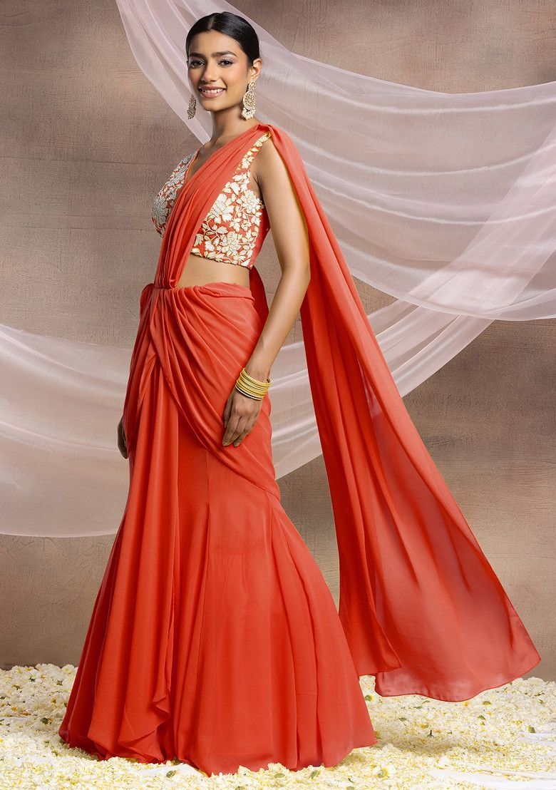 Red Pre-Stitched Saree Set With Pearl And Sequin Hand Embroidered Blouse