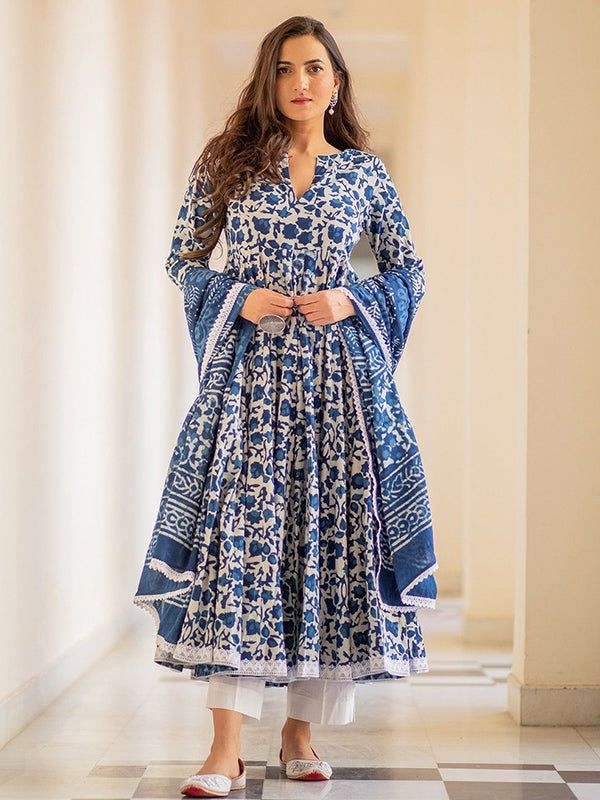 Blue Cotton Printed Kurti With Pant & Dupatta Set