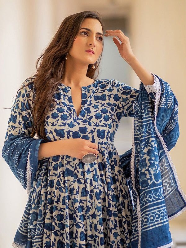 Blue Cotton Printed Kurti With Pant & Dupatta Set