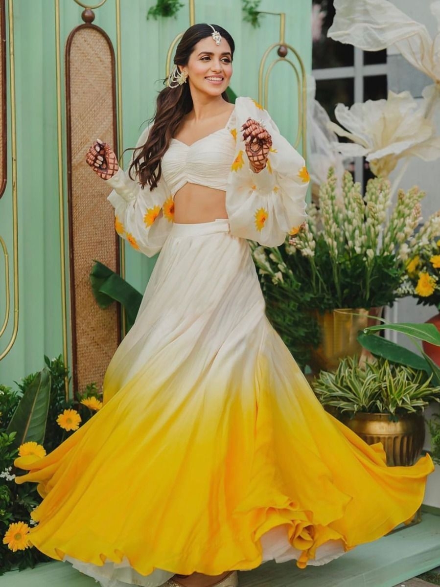 Yellow And White Organza Digital Print Lehenga Choli