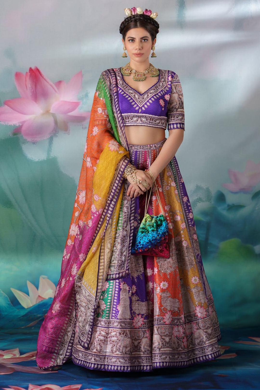 Color Blouse Lycra Printed Motifs V Leela Lehenga Set