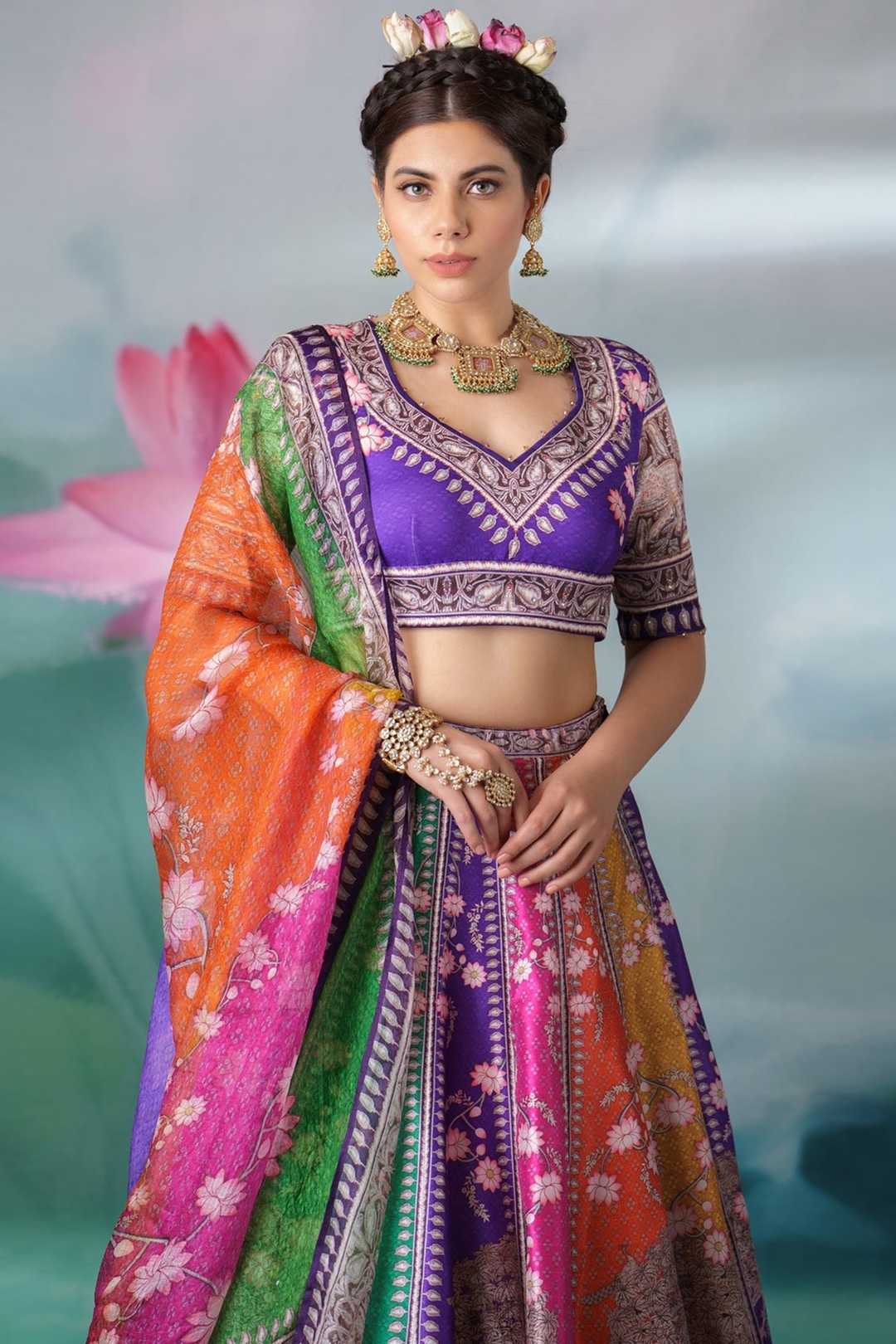 Color Blouse Lycra Printed Motifs V Leela Lehenga Set