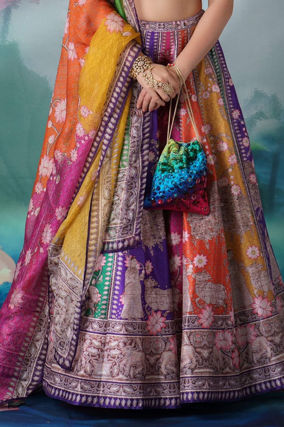 Color Blouse Lycra Printed Motifs V Leela Lehenga Set