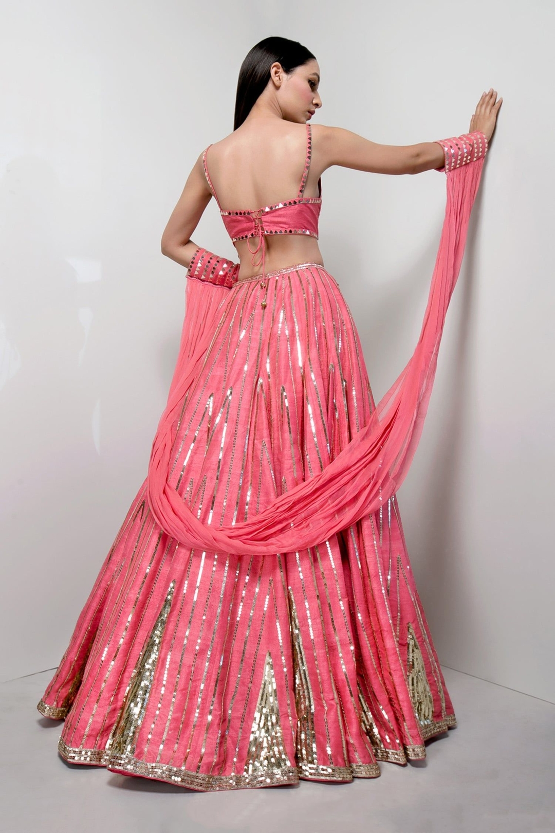 Pink Lehenga And Blouse Raw Silk Embroidery Sequins V Neck Bano Set