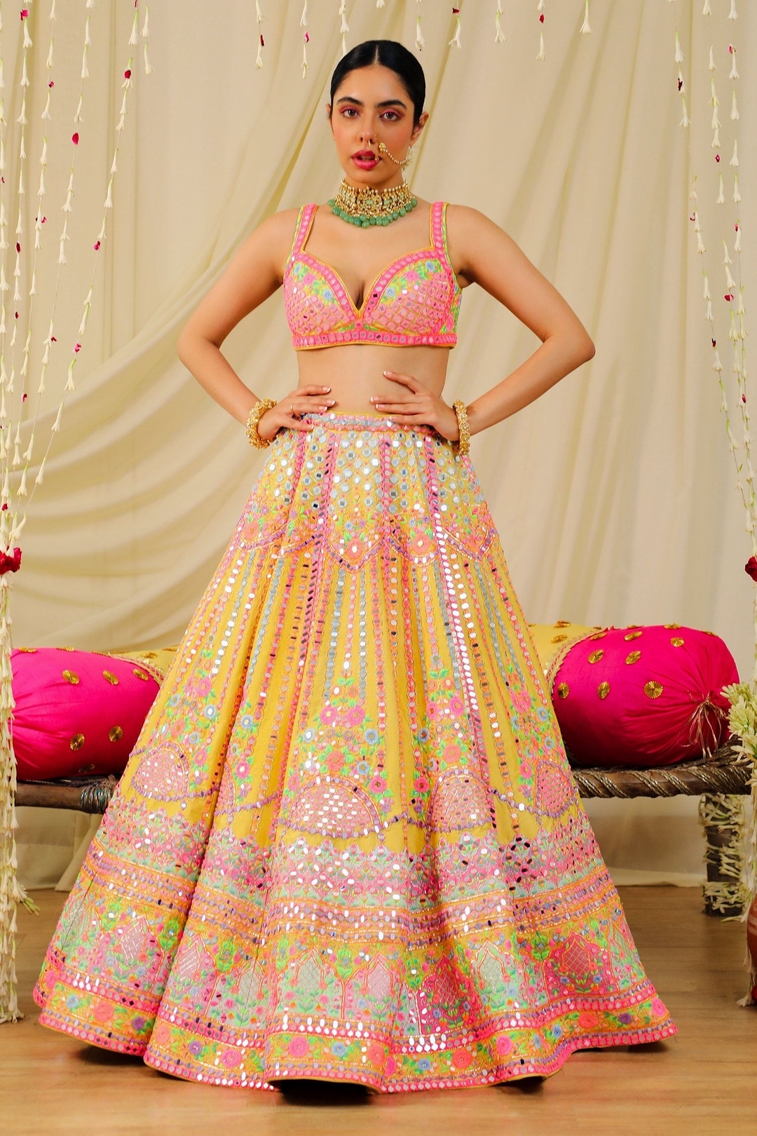 Yellow Dupion Silk Embroidery Mirror Sweetheart Neck Blouse With Lehenga Set