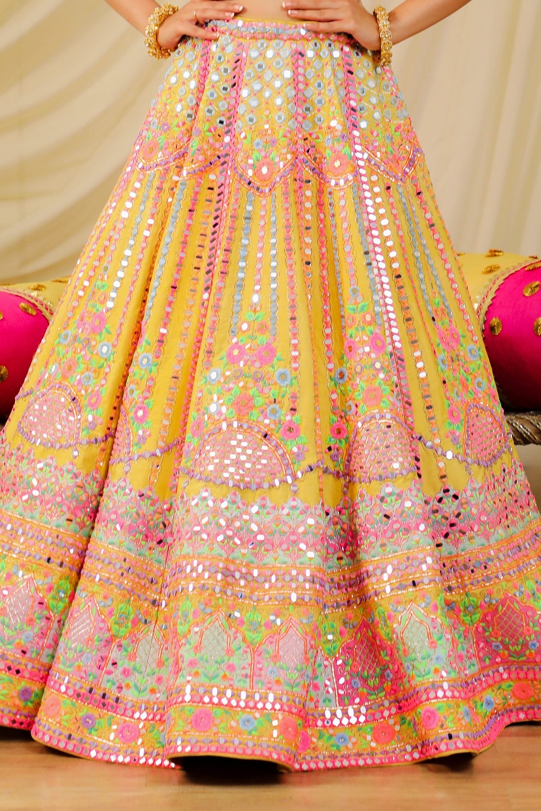 Yellow Dupion Silk Embroidery Mirror Sweetheart Neck Blouse With Lehenga Set