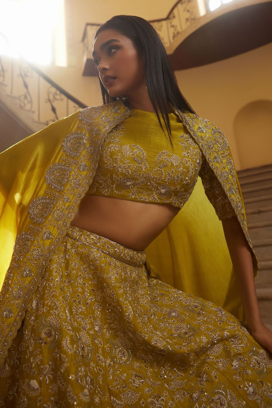 Yellow Raw Silk Embroidered Zardozi Round Foliage Bridal Lehenga Set