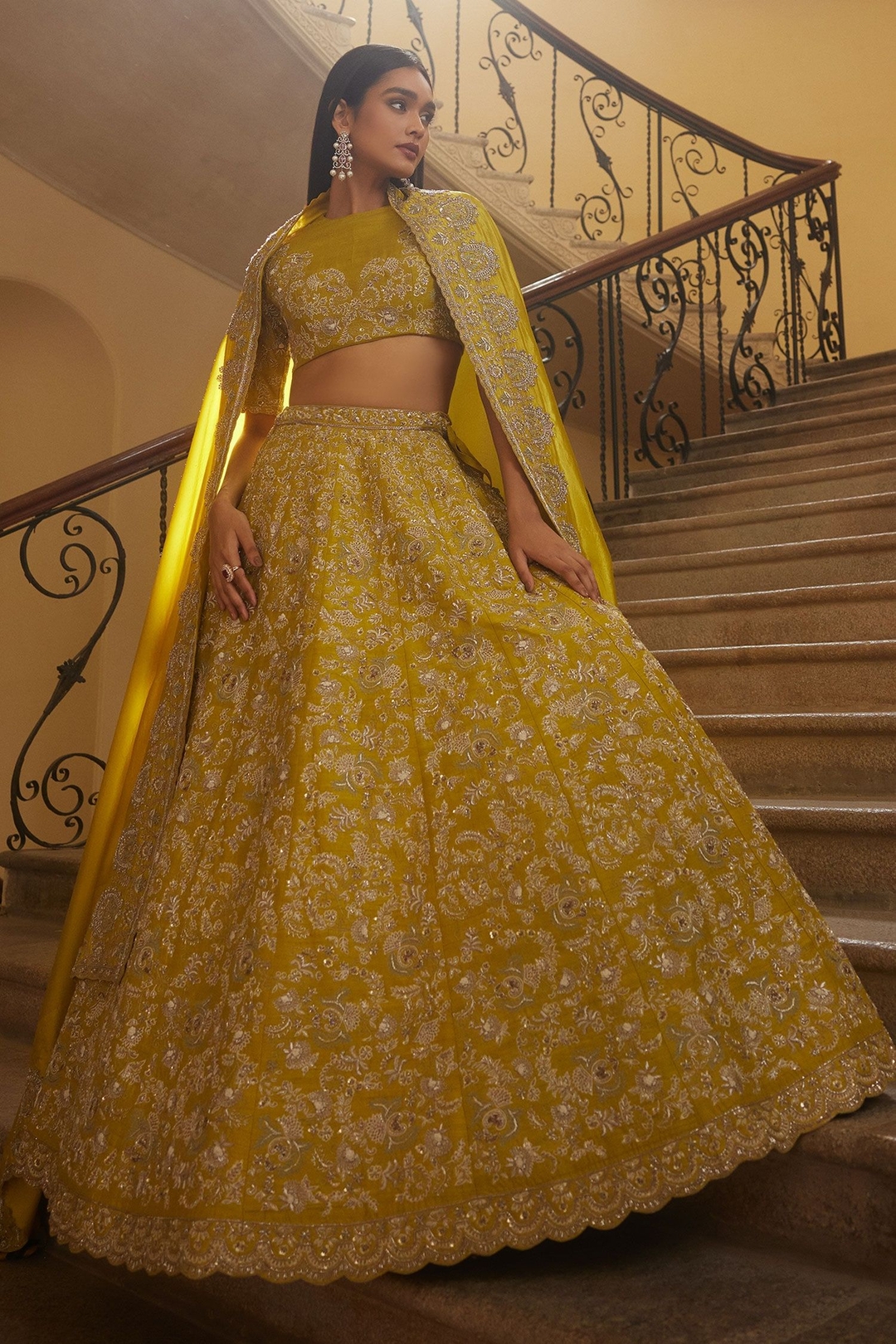 Yellow Raw Silk Embroidered Zardozi Round Foliage Bridal Lehenga Set