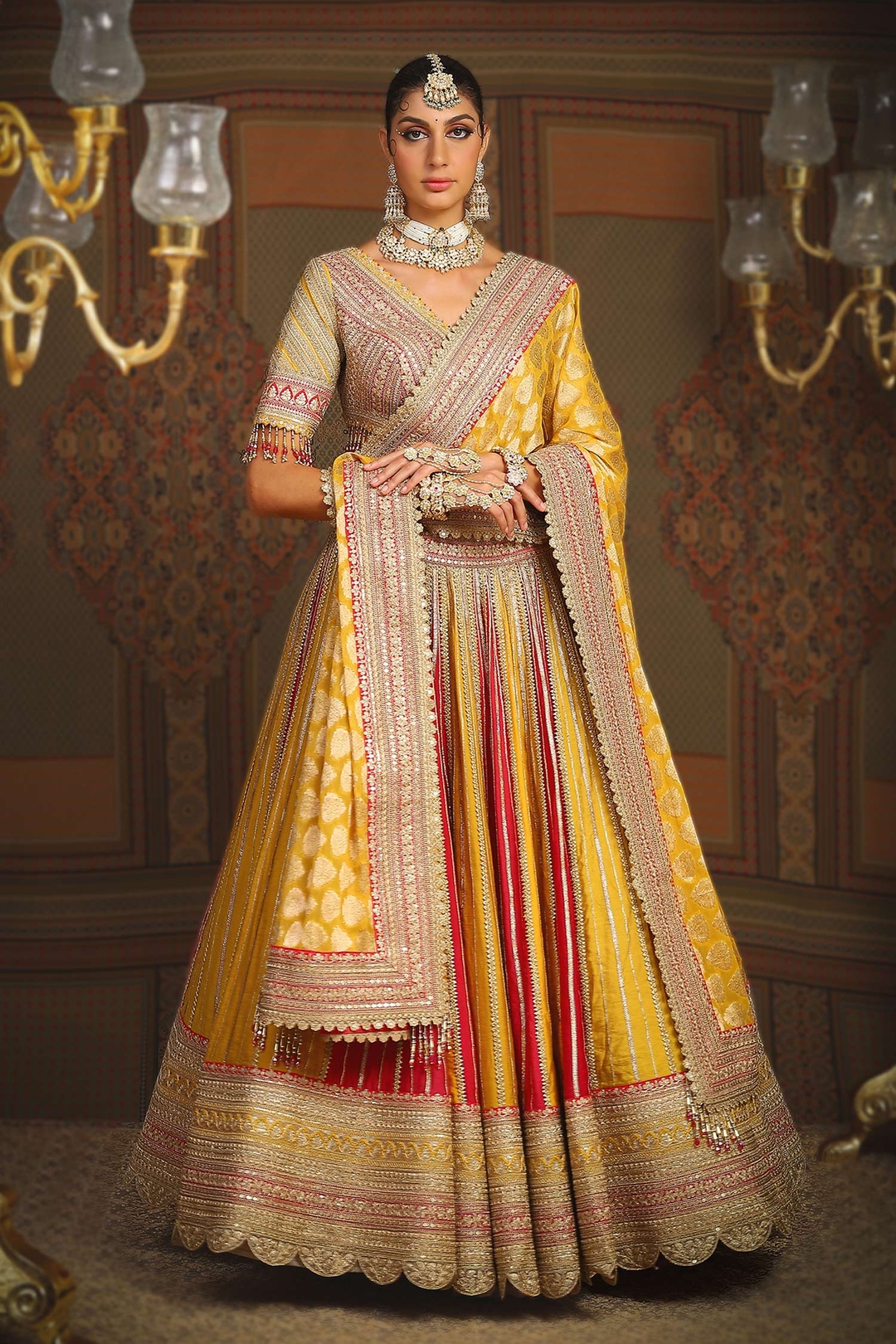 Yellow Silk Chanderi Embroidery Gota V Phulwari Bridal Lehenga Set