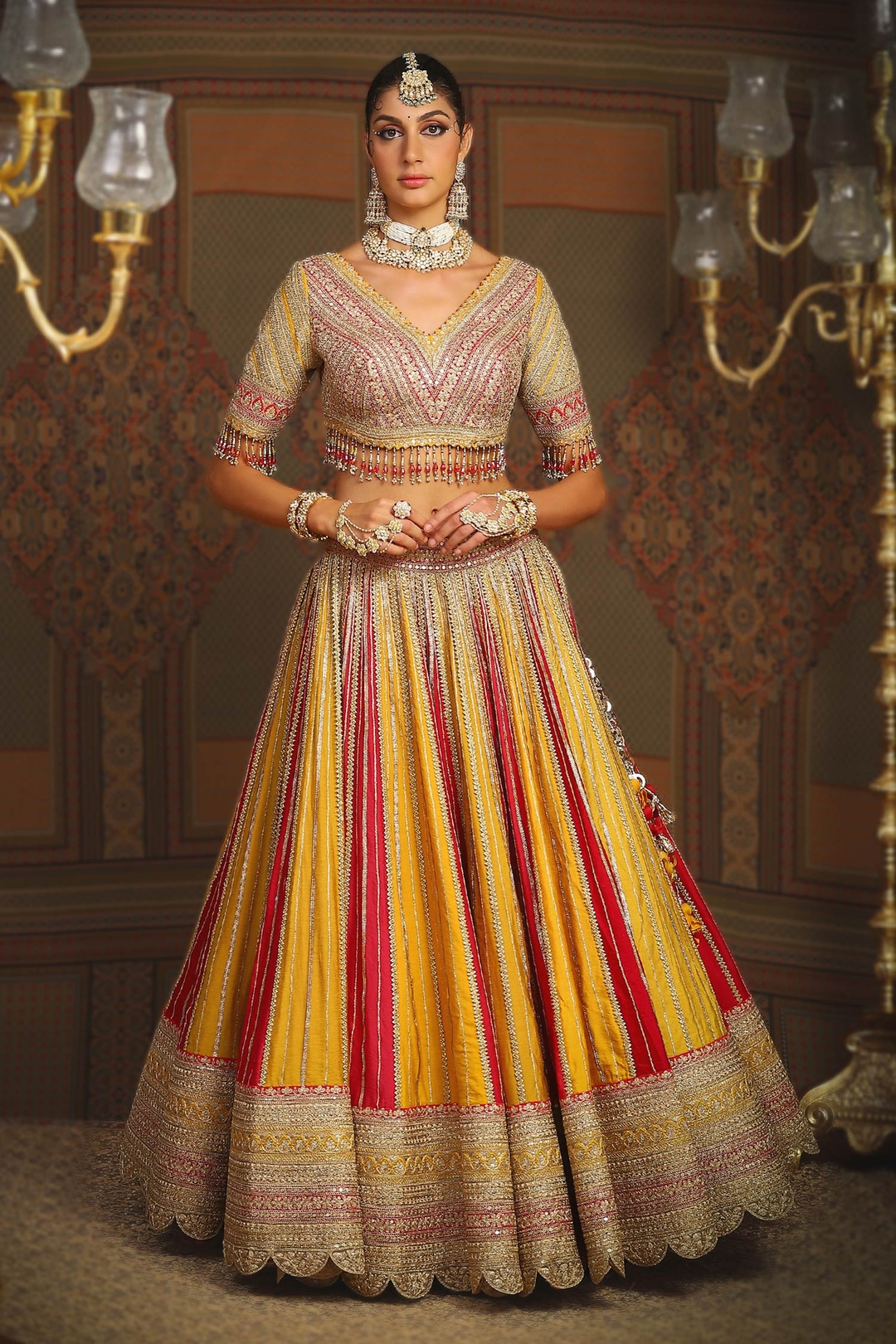 Yellow Silk Chanderi Embroidery Gota V Phulwari Bridal Lehenga Set