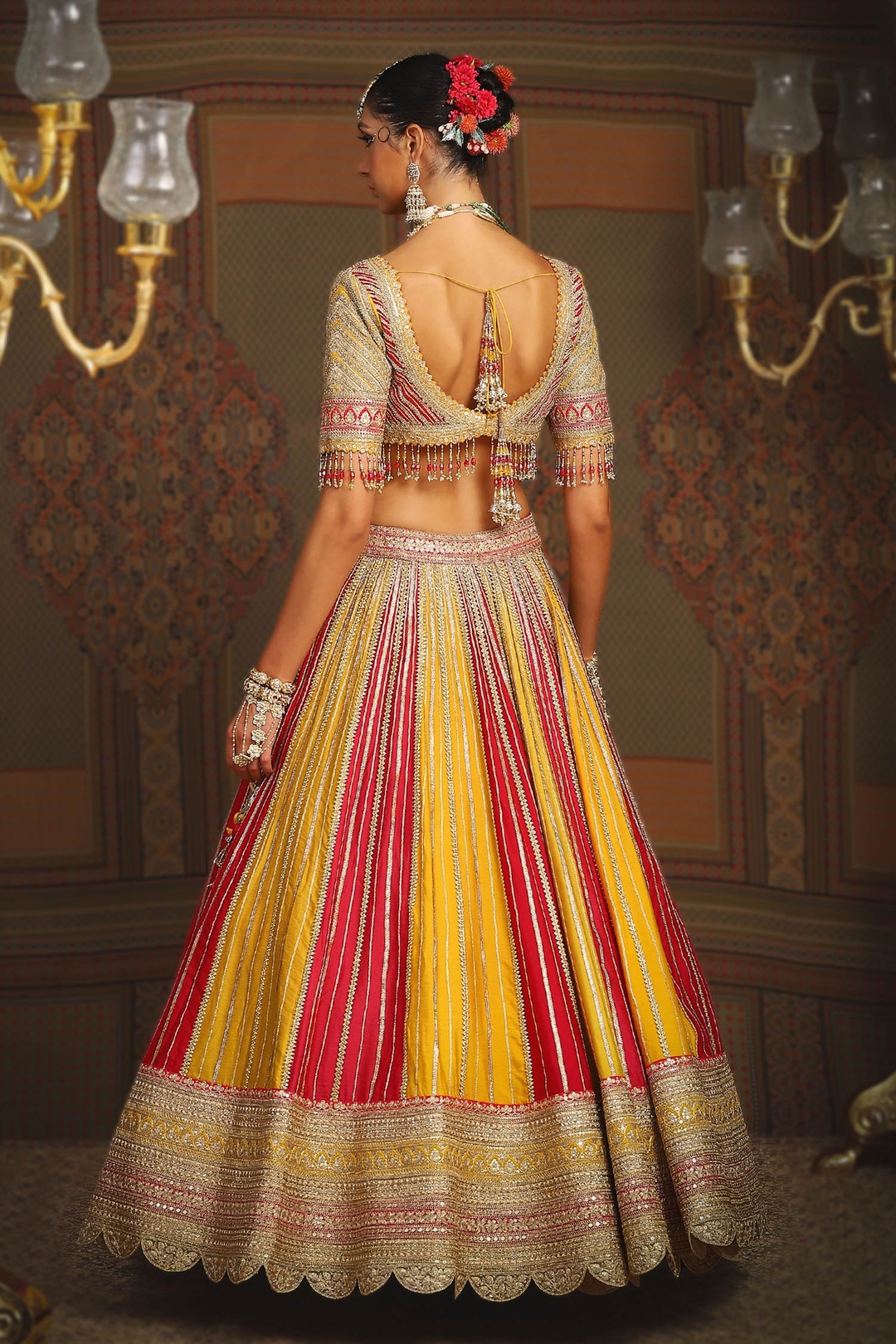 Yellow Silk Chanderi Embroidery Gota V Phulwari Bridal Lehenga Set