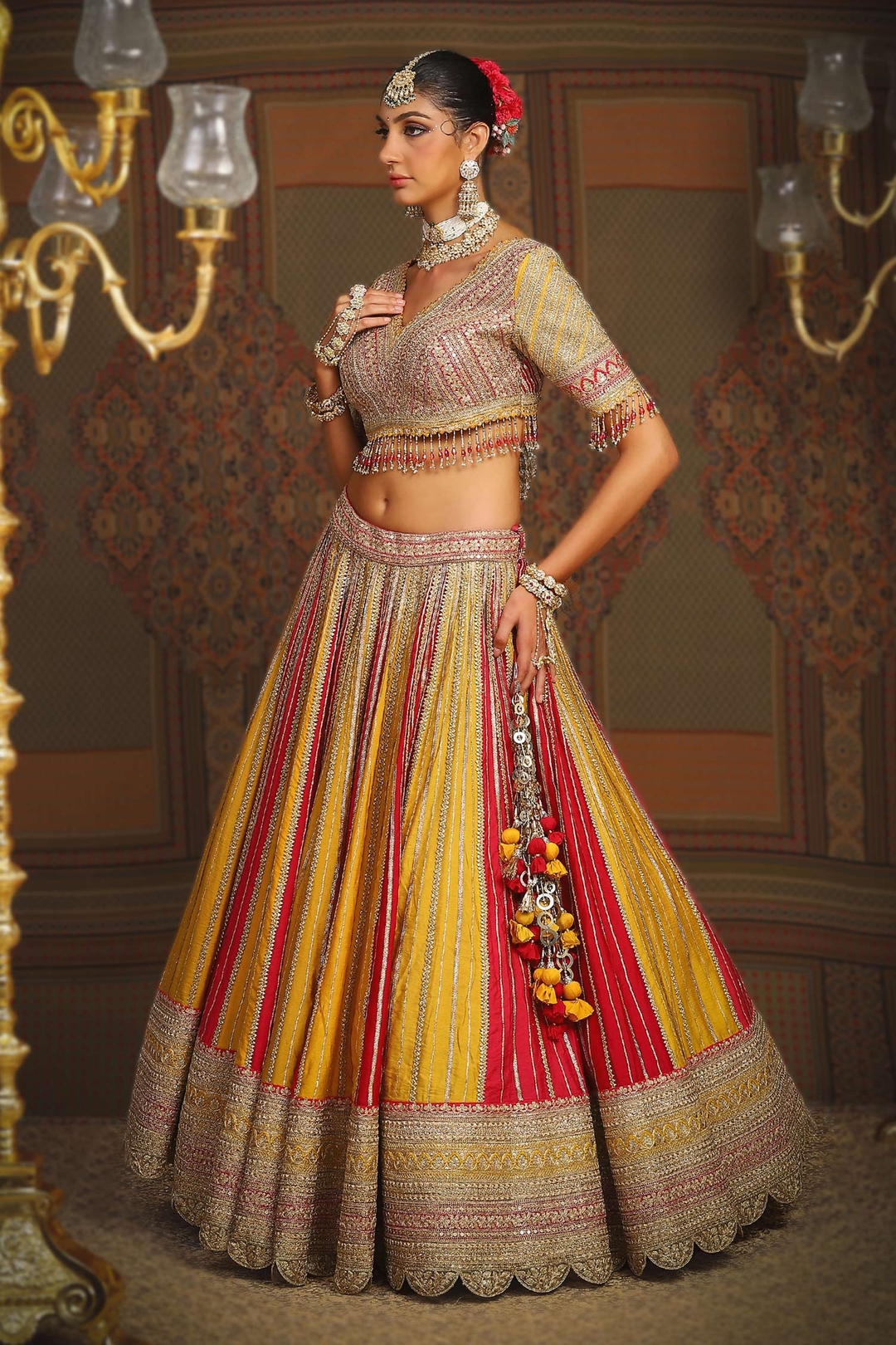 Yellow Silk Chanderi Embroidery Gota V Phulwari Bridal Lehenga Set