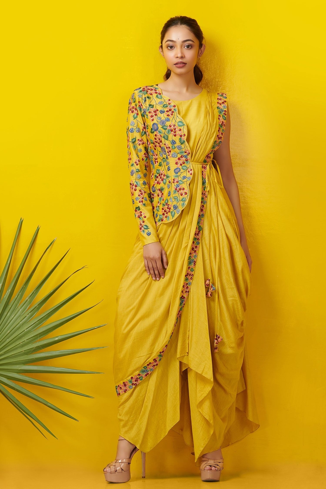 Yellow Silk Cotton Cowl Draped Dress With Embroidered Jacket